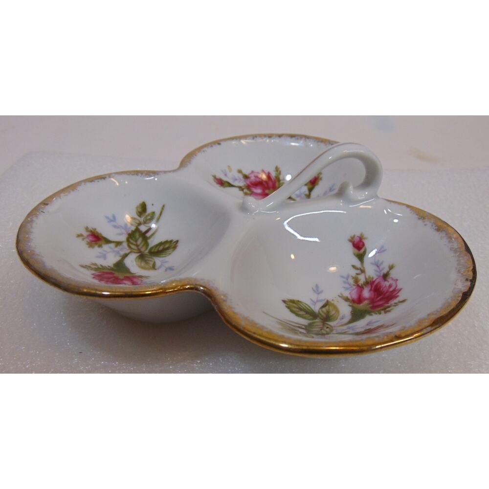 Candy Dish L & M Bond Ware Japan Bone China Roses Gold Trim Fancy Handle Rare